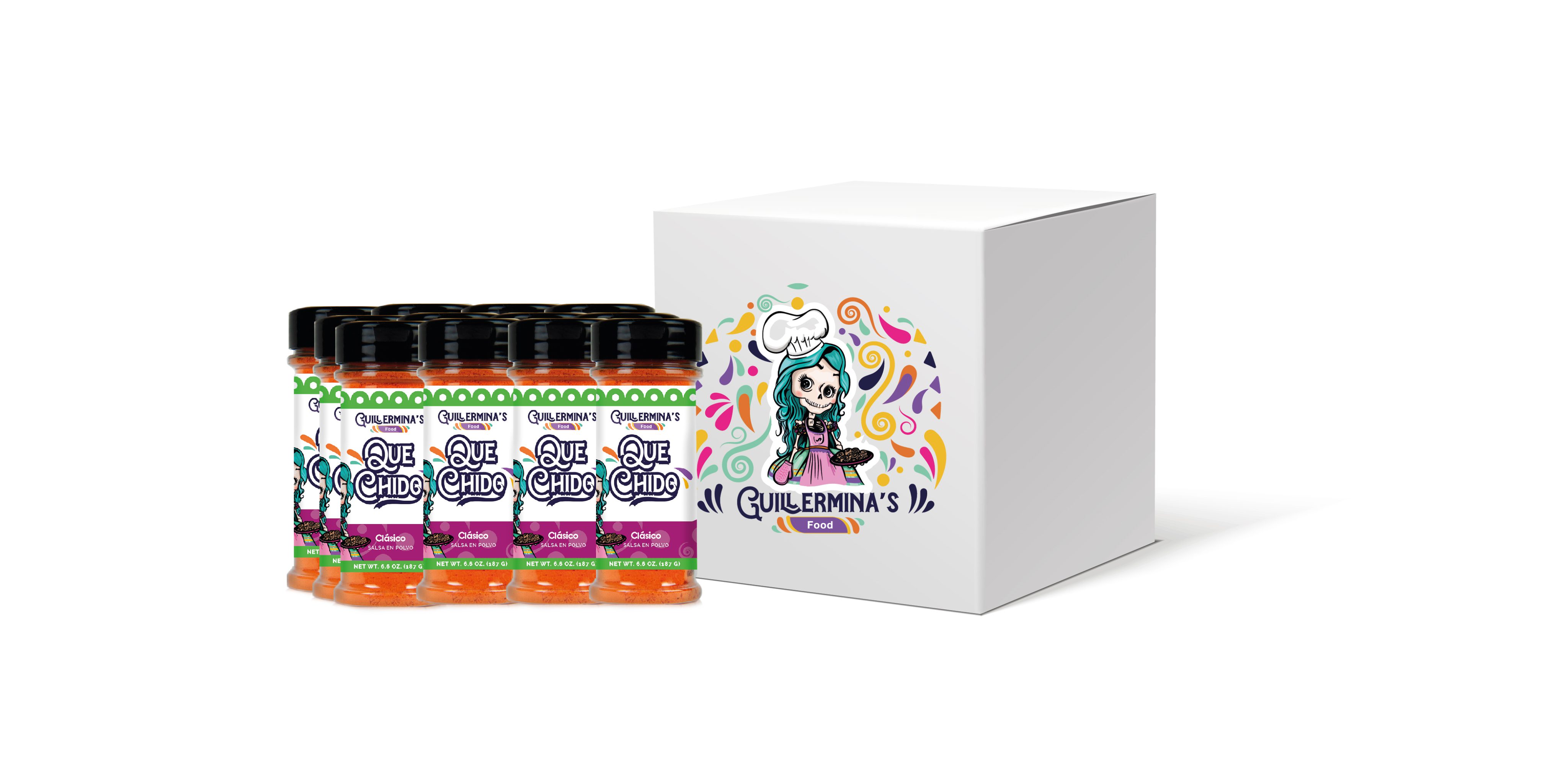 Que Chido seasoning with colorful prepared foods